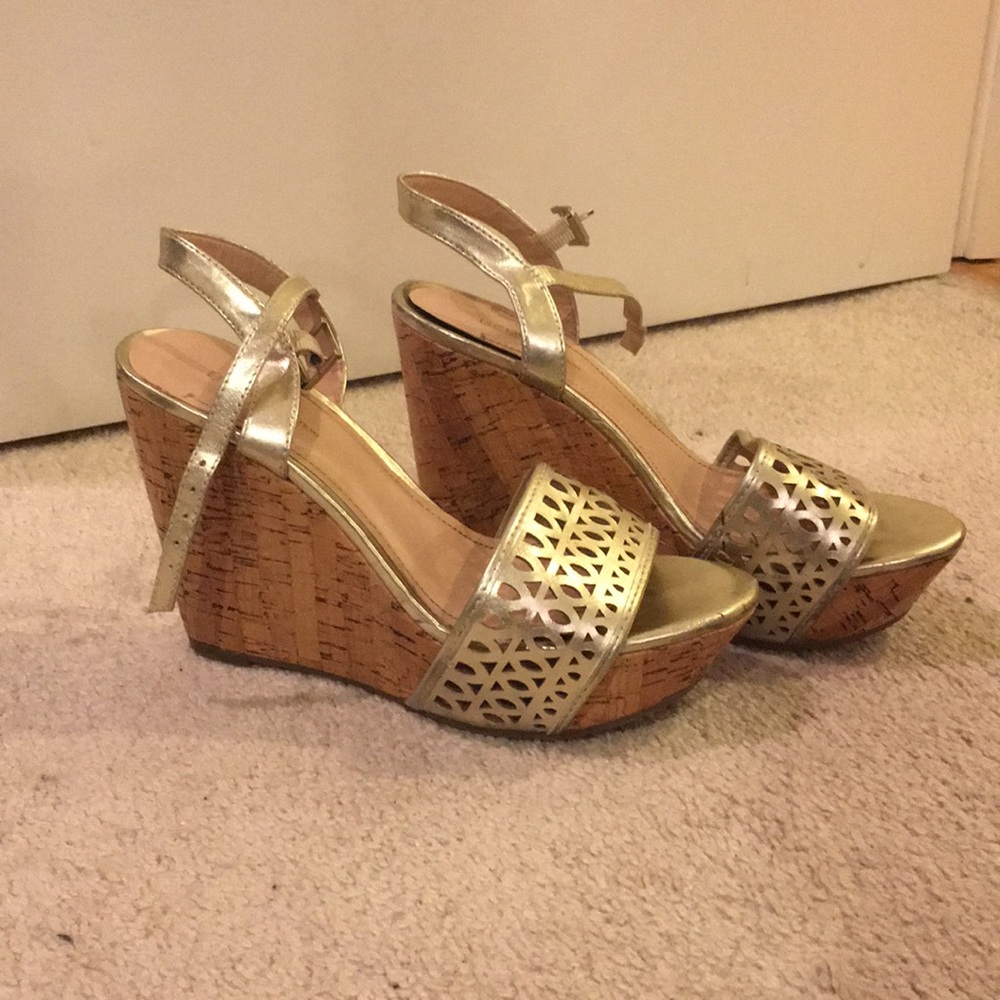 BCBG Gold Metallic cork wedges